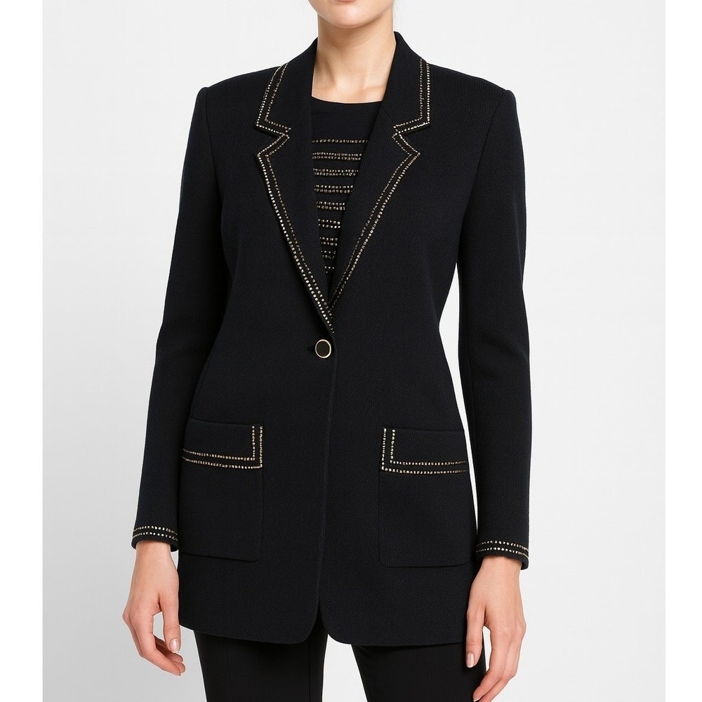 St. John black wool knit blazer gold embellished trim details built in top sz 8